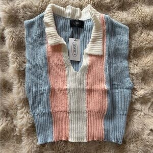 Cider Women's Blue and Pink Striped V-Neck Sweater Vest